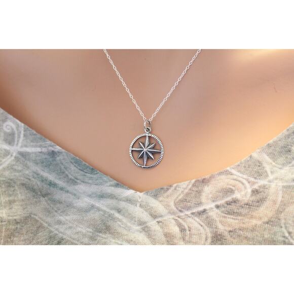 Sterling Silver Starburst Compass Necklace, Compass Necklace - Picture 1 of 3